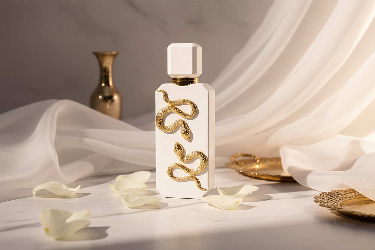 Eau de parfum unisex en frasco blanco con tapa dorada y diseño dorado sobre el vidrio