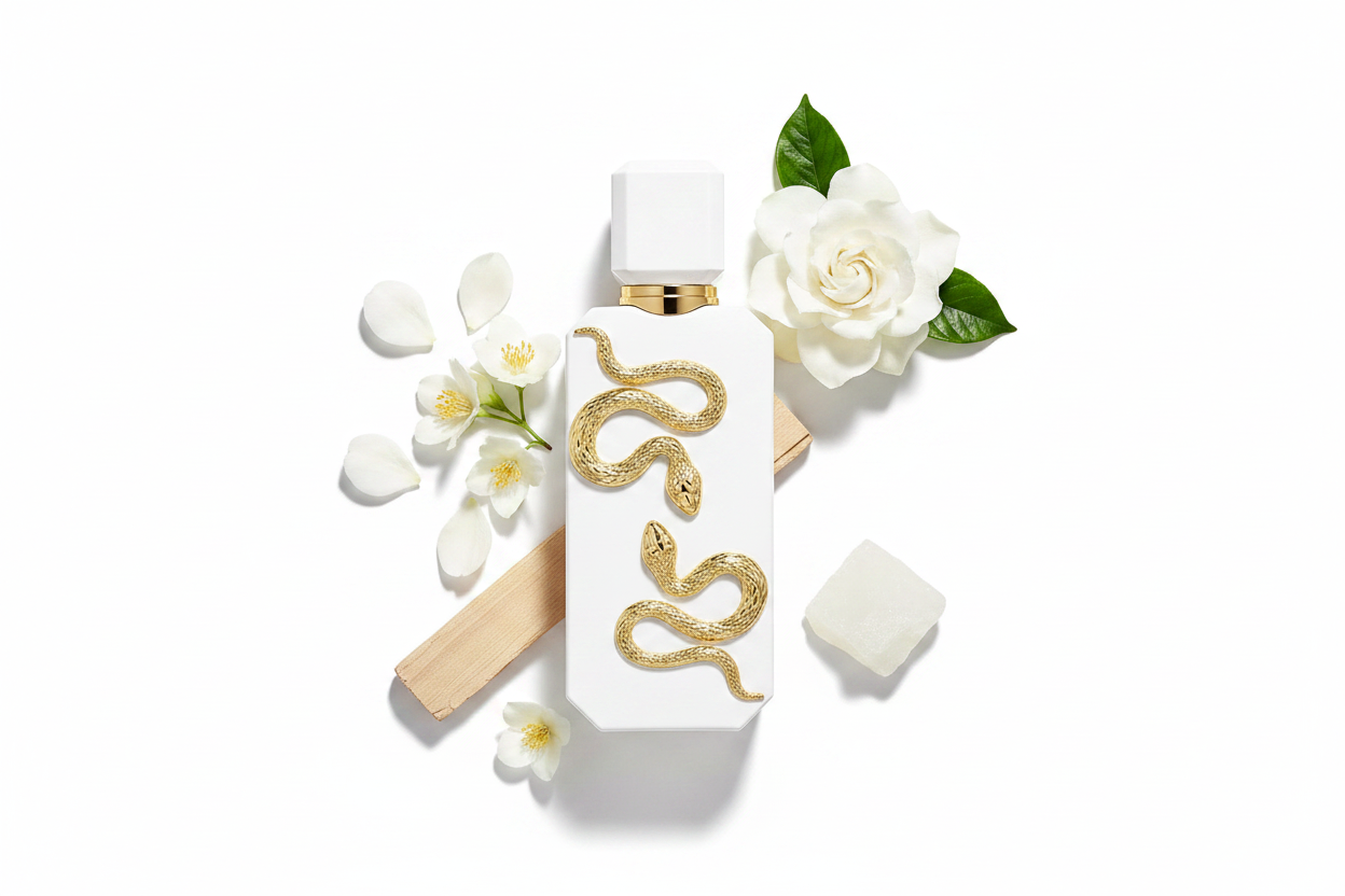Eau de parfum unisex French Avenue Veneno Bianco, frasco blanco con tapa dorada