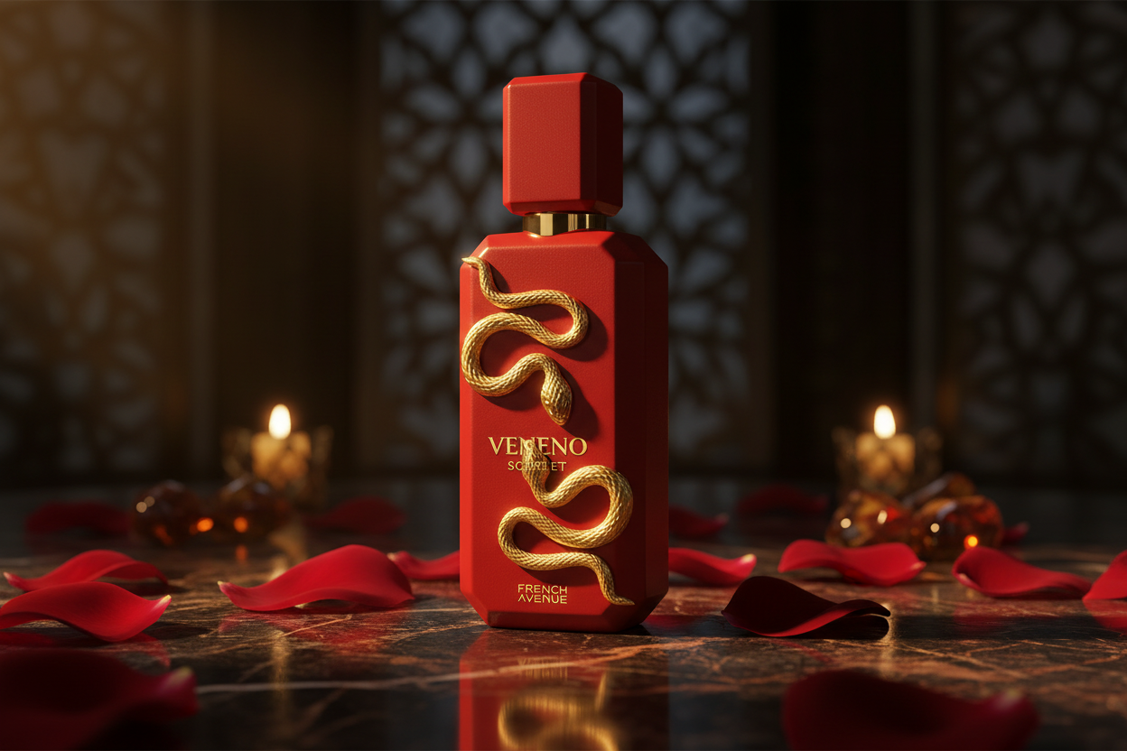 Perfume unisex Veneno Scarlet: frasco rojo con tapa dorada y etiqueta dorada