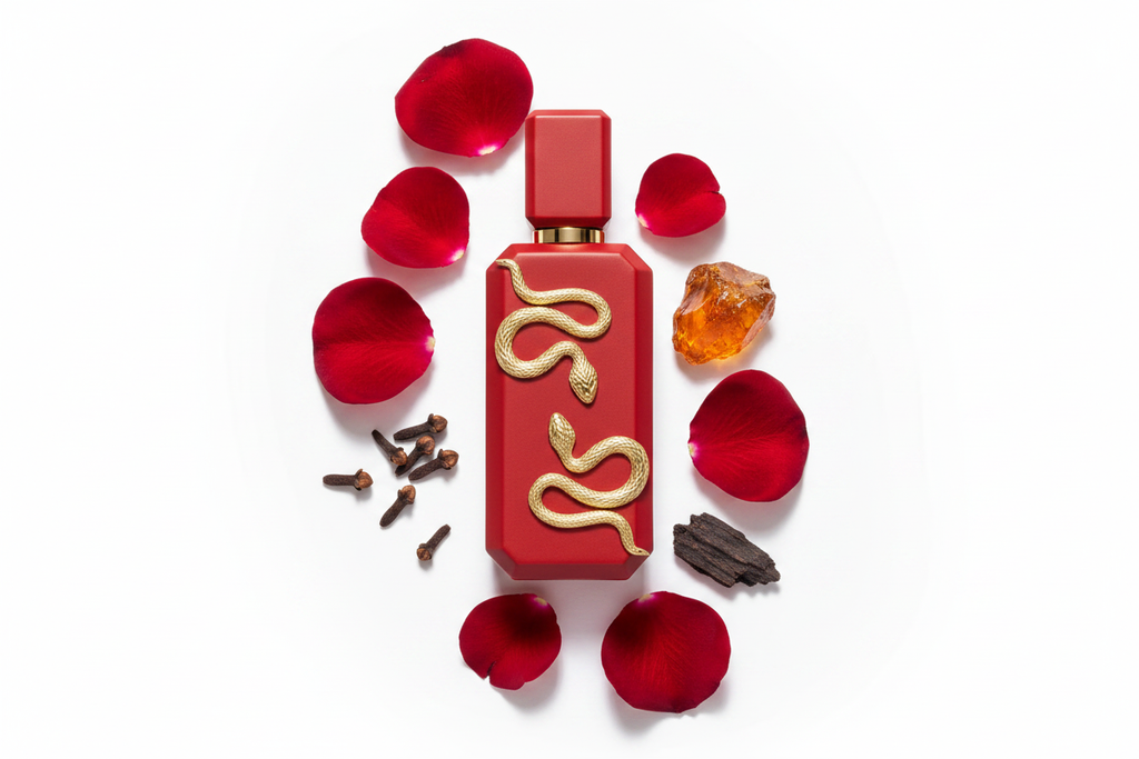 Perfume unisex Veneno Scarlet en frasco rojo con tapa dorada