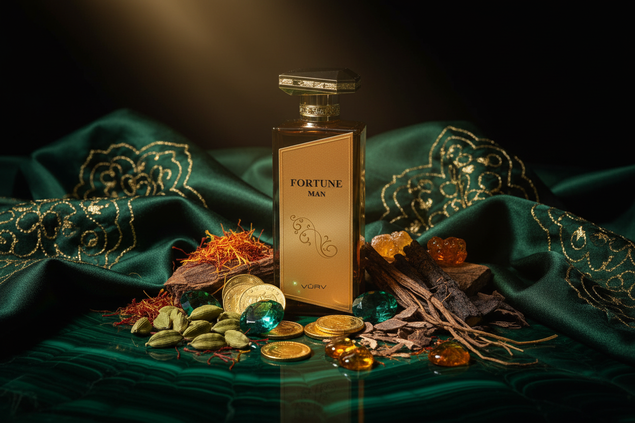 Botella de eau de parfum sobre tela verde con motivos dorados