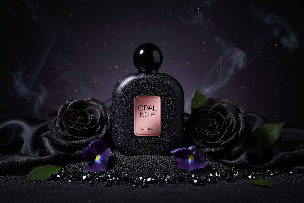 Frasco de perfume Vurv con etiqueta Opal Noir, esfera negra brillante con rosas