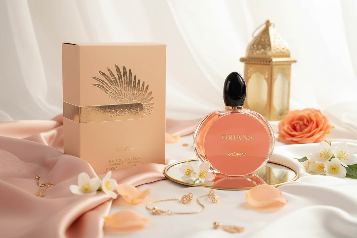 Perfume Vurv Oriana Eau de Parfum 100 ml: frasco rosa con tapa negra y caja.