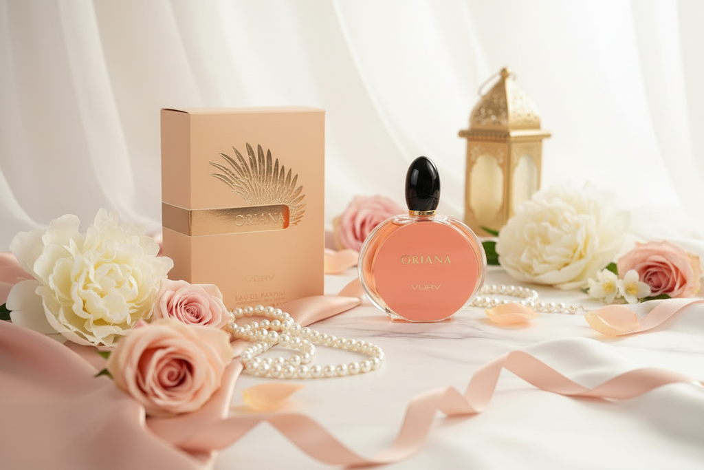 Perfume Vurv Oriana Eau de Parfum 100 ml con caja, frasco rosa y flores decorativas