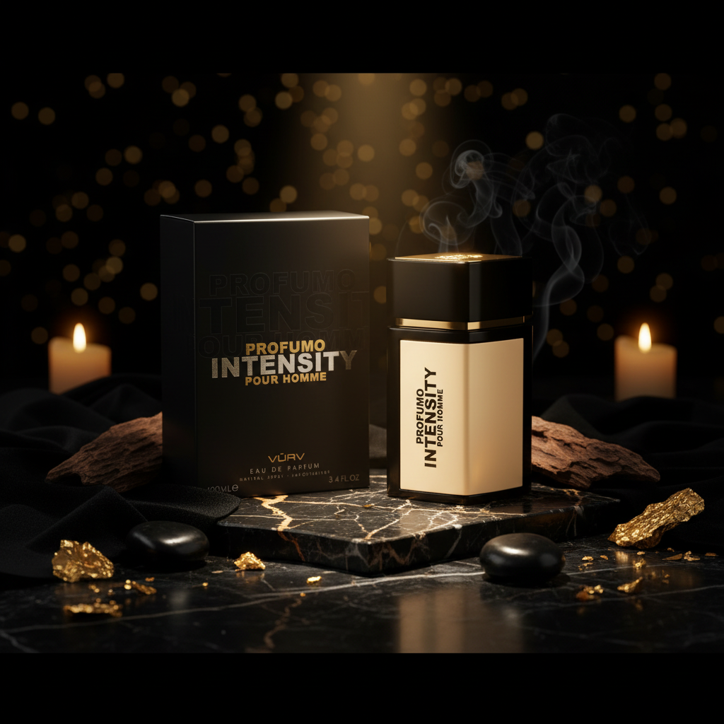 Eau de Parfum Vurv Profumo Intensity 100 ml: frasco dorado y caja negra