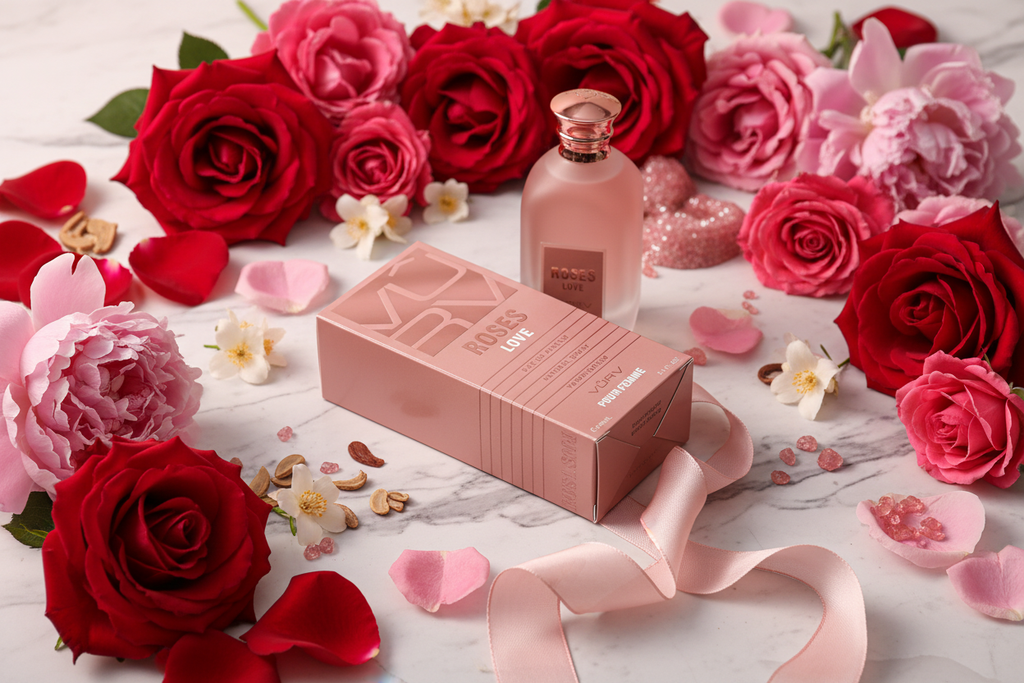 Frasco y caja de eau de parfum sobre mármol con rosas y pétalos