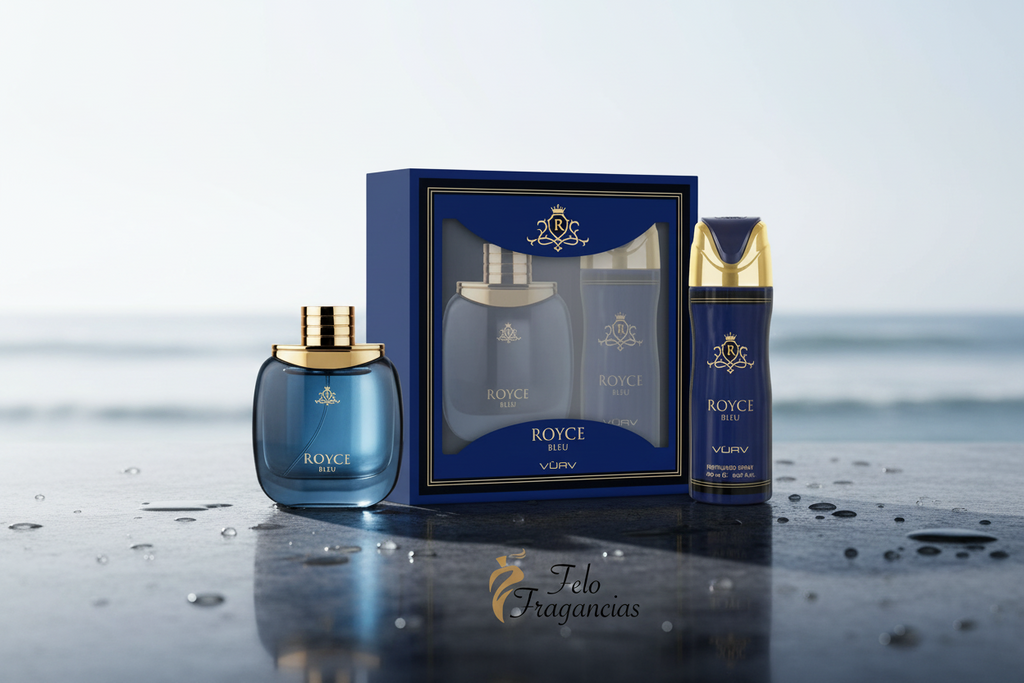 Set de perfume Vurv Royce Blue con frasco, botella y caja en acabado azul