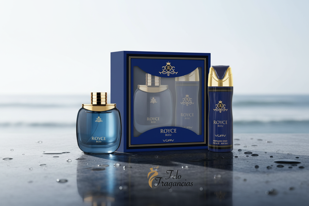 Set de perfume Vurv Royce Blue con frasco, botella y caja en acabado azul