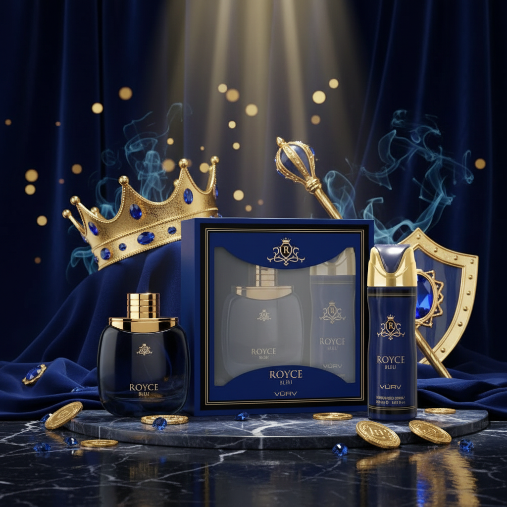 Set Vurv Royce Blue con frasco, spray y caja; corona y monedas decorativas