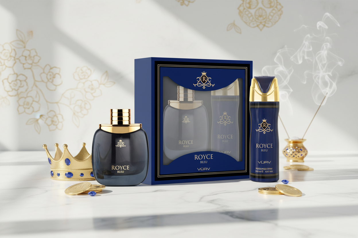 Set de regalo Vurv Royce Blue: frasco azul y caja con dos botellas