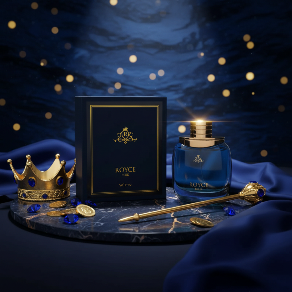 Perfume Eau de Parfum Vurv Royce Blue 100 ml: frasco azul con caja negra