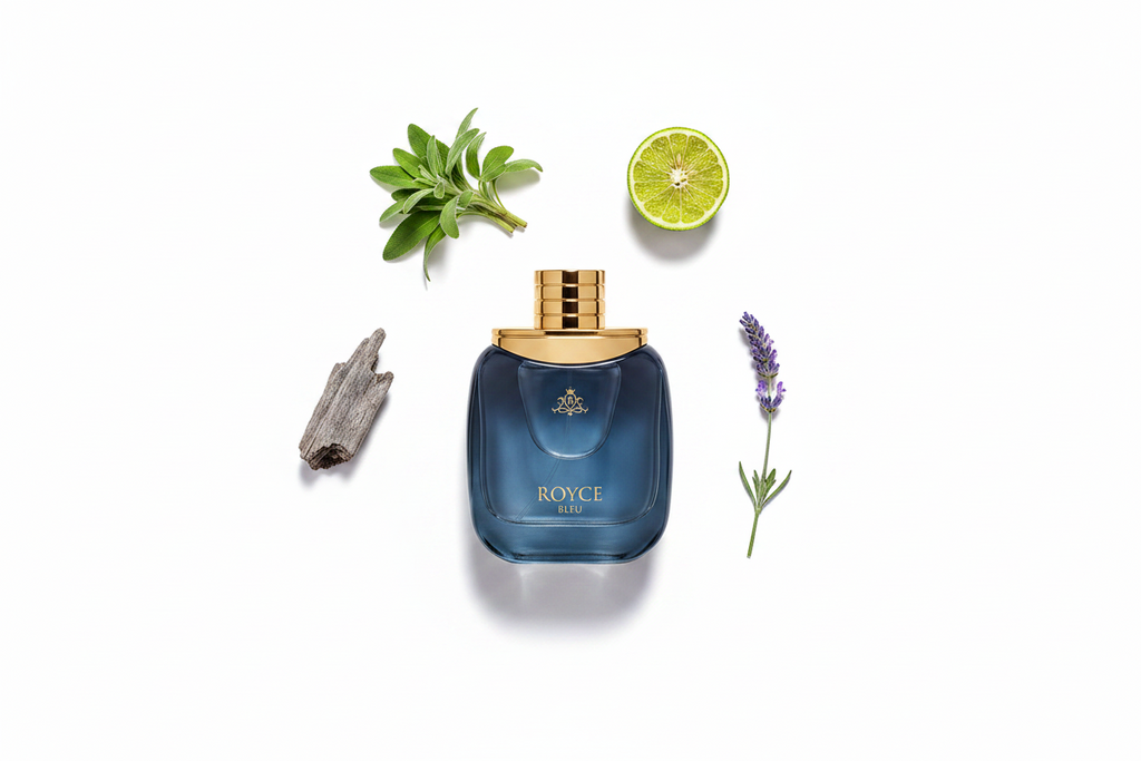 Set Vurv Royce Blue con frasco azul y caja; detalles decorativos de aroma