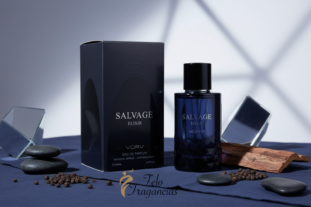 Frasco de Eau de Parfum Vurv Salvage Elixir 100 ml con caja, acabado negro.