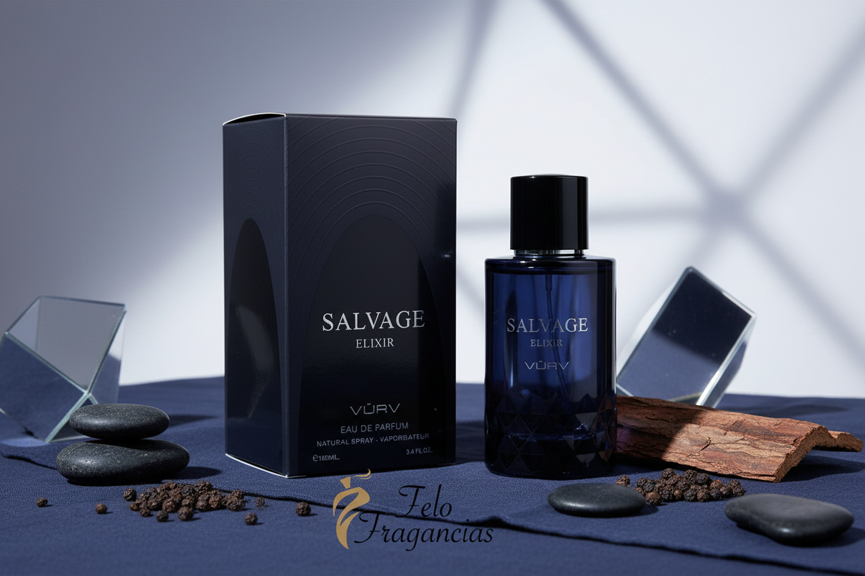 Frasco de Eau de Parfum Vurv Salvage Elixir 100 ml con caja, acabado negro.