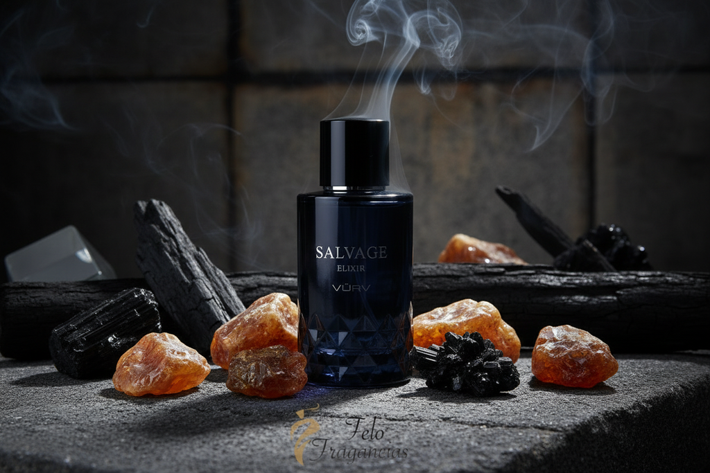 Eau de Parfum Vurv Salvage Elixir con humo, frasco negro y cristales