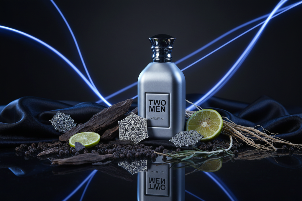 Vurv Two Men eau de parfum para hombre: frasco con lima y ramas sobre tela