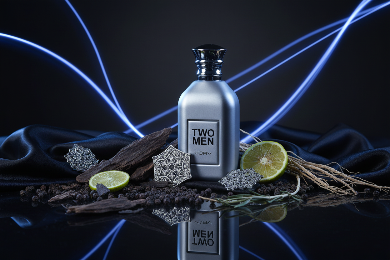 Vurv Two Men eau de parfum para hombre: frasco con lima y ramas sobre tela