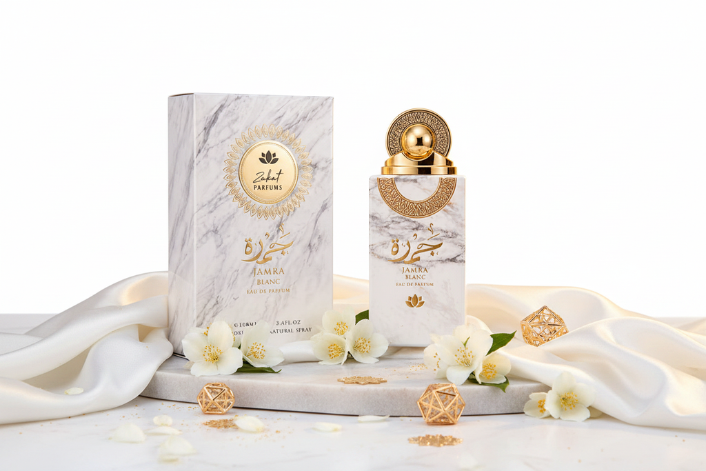 Perfume Eau de Parfum Jamra Blanc 100 ml con frasco y caja de mármol claro.