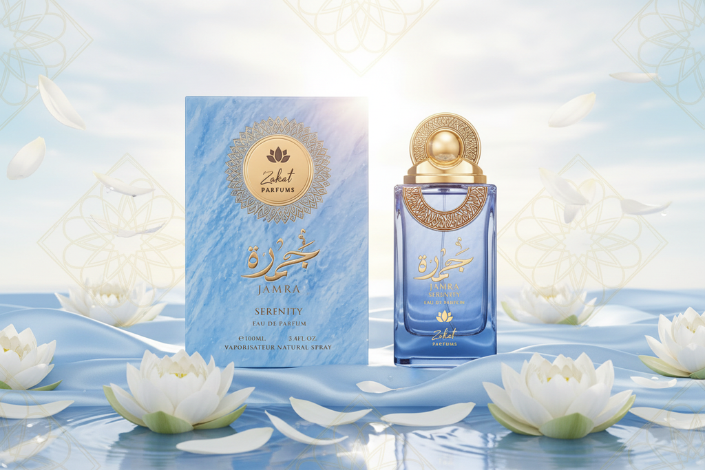 Caja y frasco de Eau de Parfum Jamra Serenity de Zakat Parfums, 100 ml, azul.