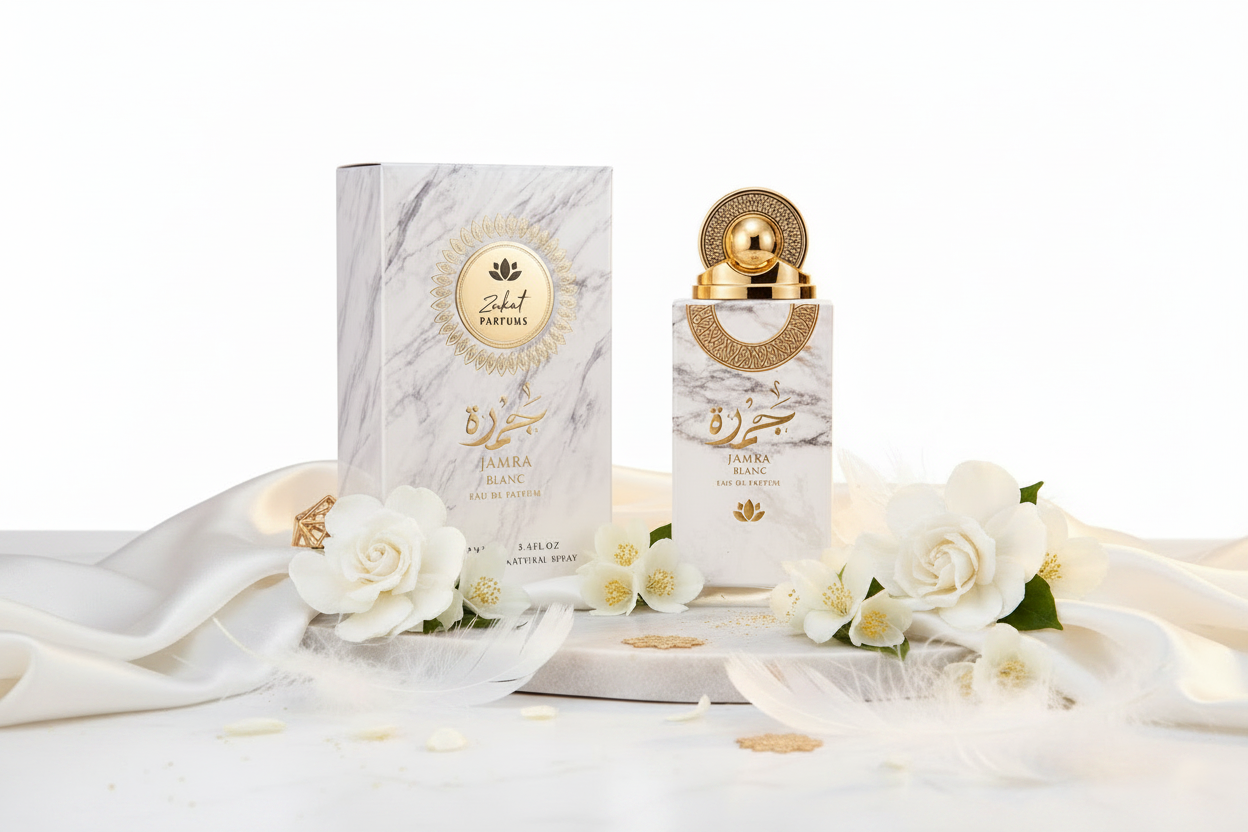 Perfume Zakat Parfums Jamra Blanc: frasco dorado y caja blanca con flores