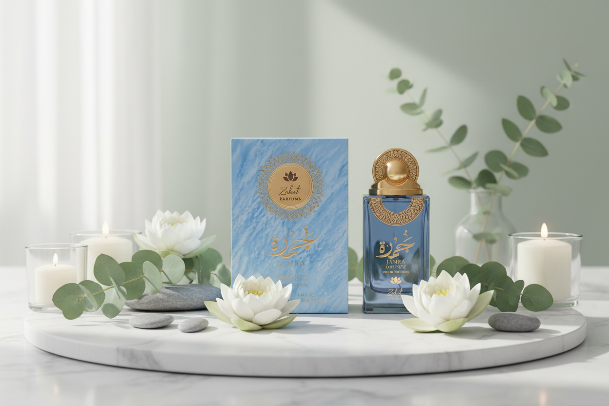 Eau de Parfum Zakat Parfums Jamra Serenity, frasco y caja azul con detalles dorados