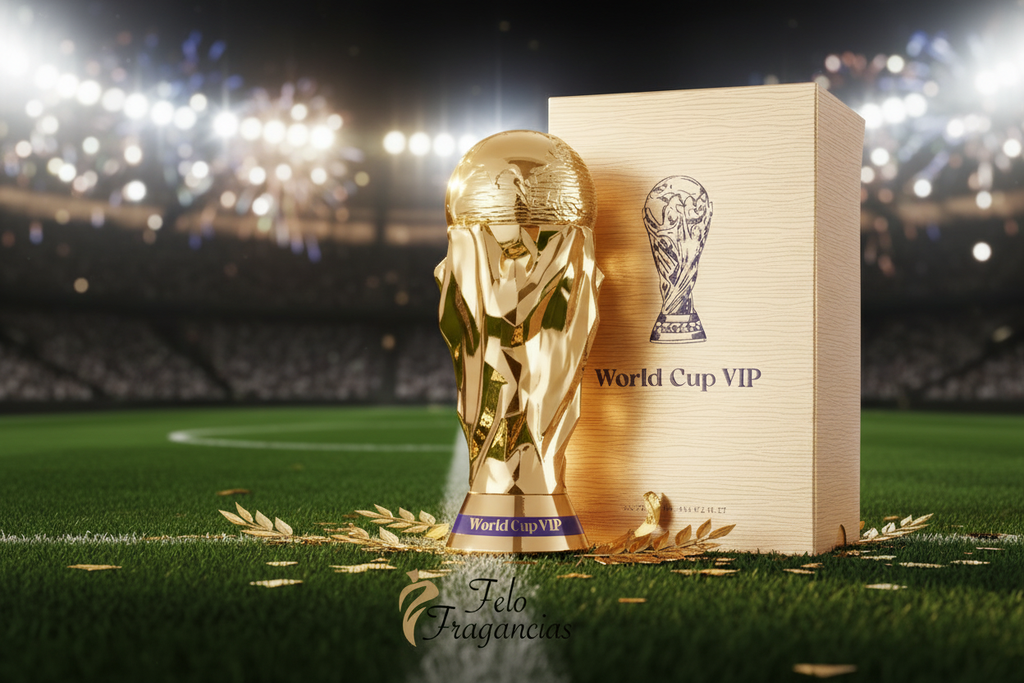 Eau de parfum VIP Zakat World Cup Edition 80 ml con copa dorada y caja.