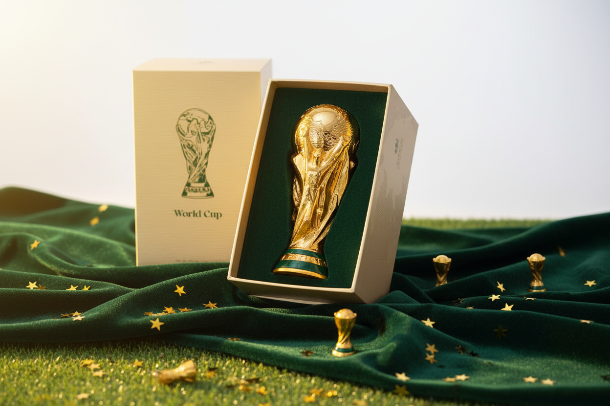 Frasco de Eau de Parfum en caja con figura de copa dorada