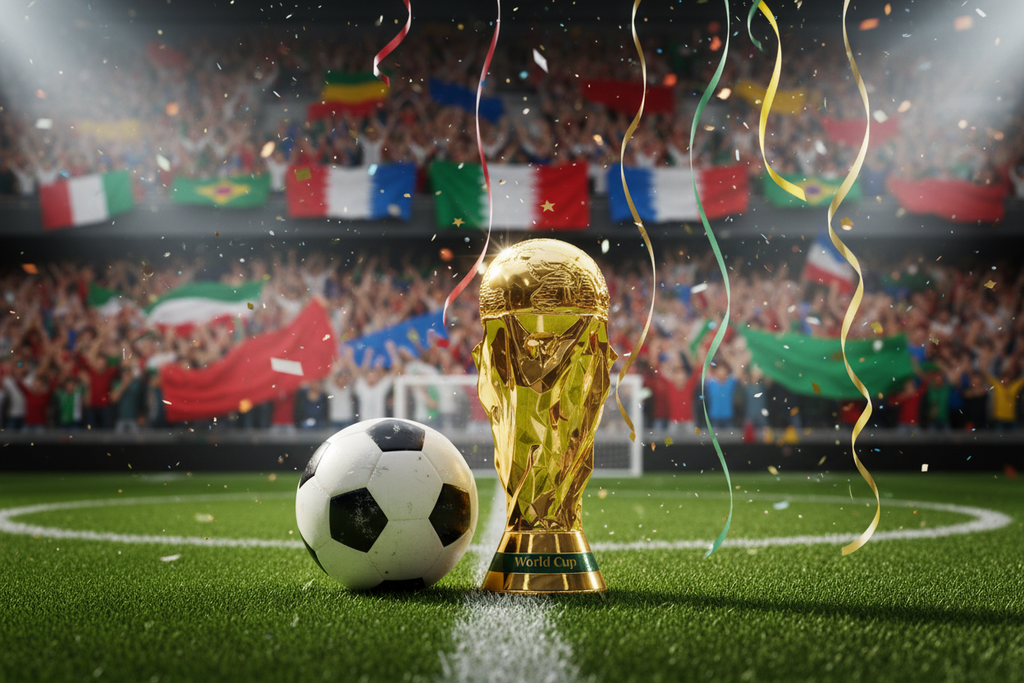 Trofeo dorado decorativo con base, copa sobre campo verde y balón de fútbol