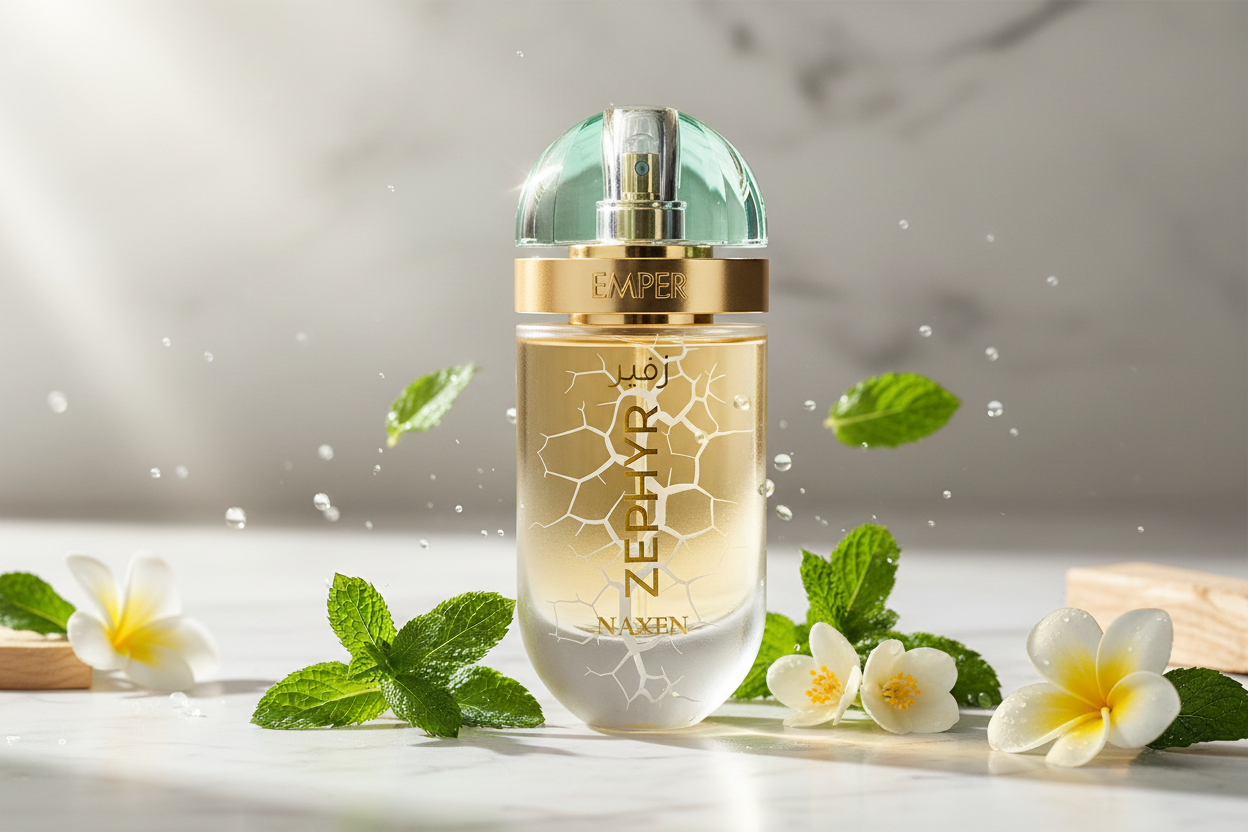 Eau de parfum Emper Zephyr Naxen en frasco dorado y tapa plateada, con hojas y brillo.