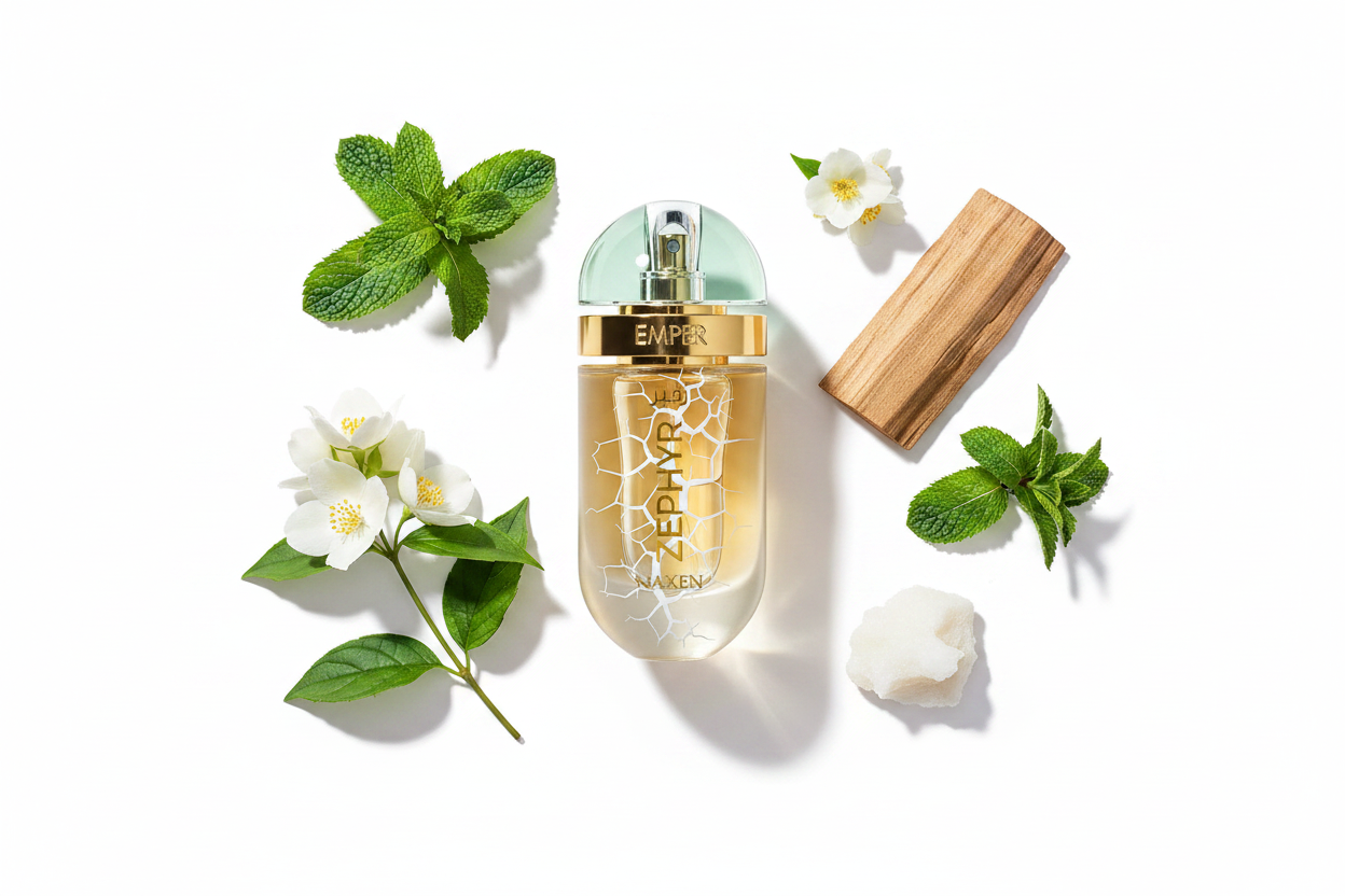 Eau de parfum Emper Zephyr Naxen en frasco dorado con tapa plateada, flores y hojas.