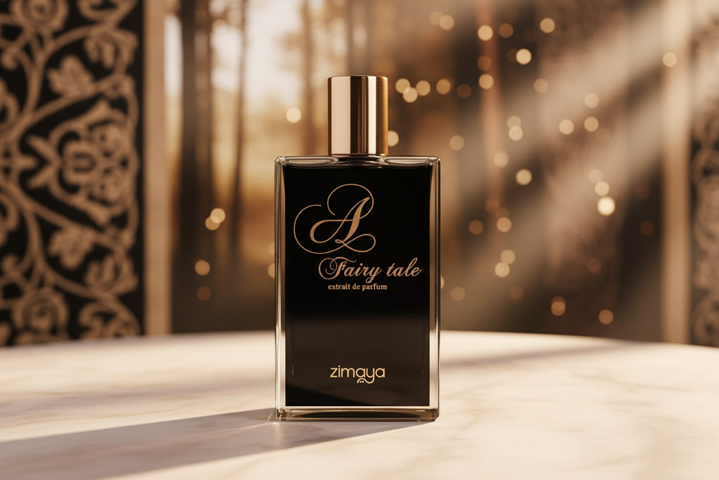 Frasco de Eau de Parfum Zimaya Fairy tale con tapa dorada y etiqueta negra.