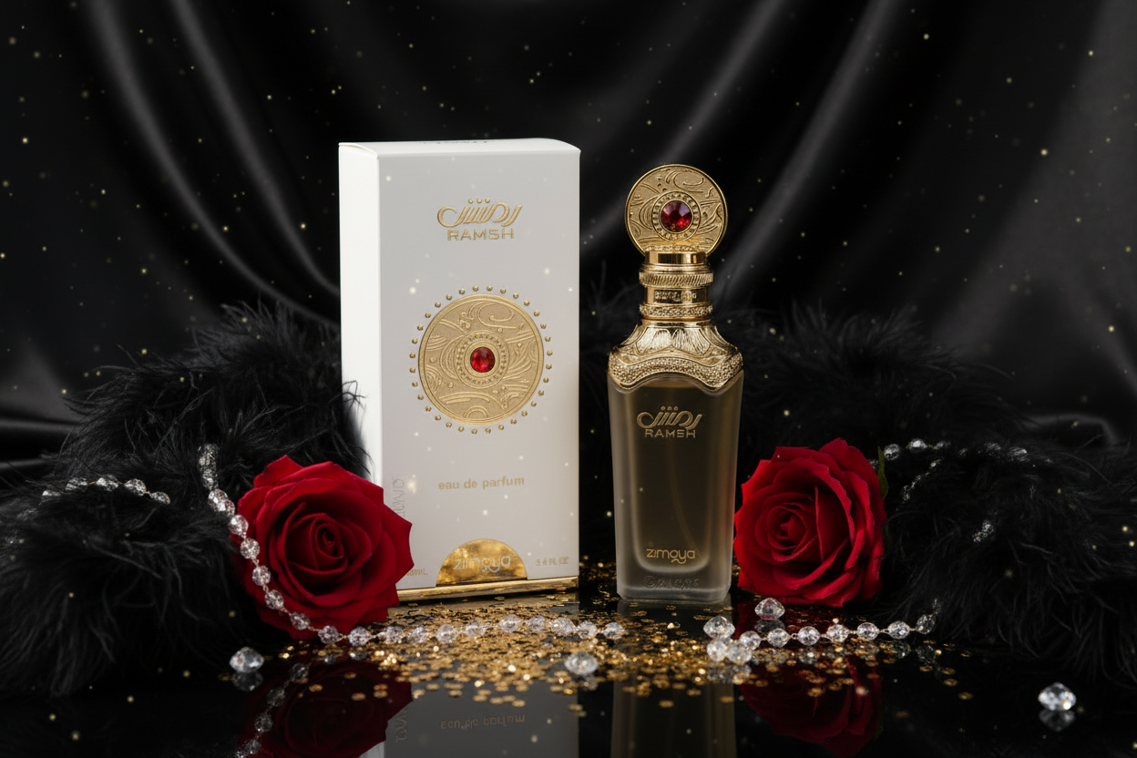 Frasco de eau de parfum Zimaya Ramsh dorado con emblema rojo y caja blanca