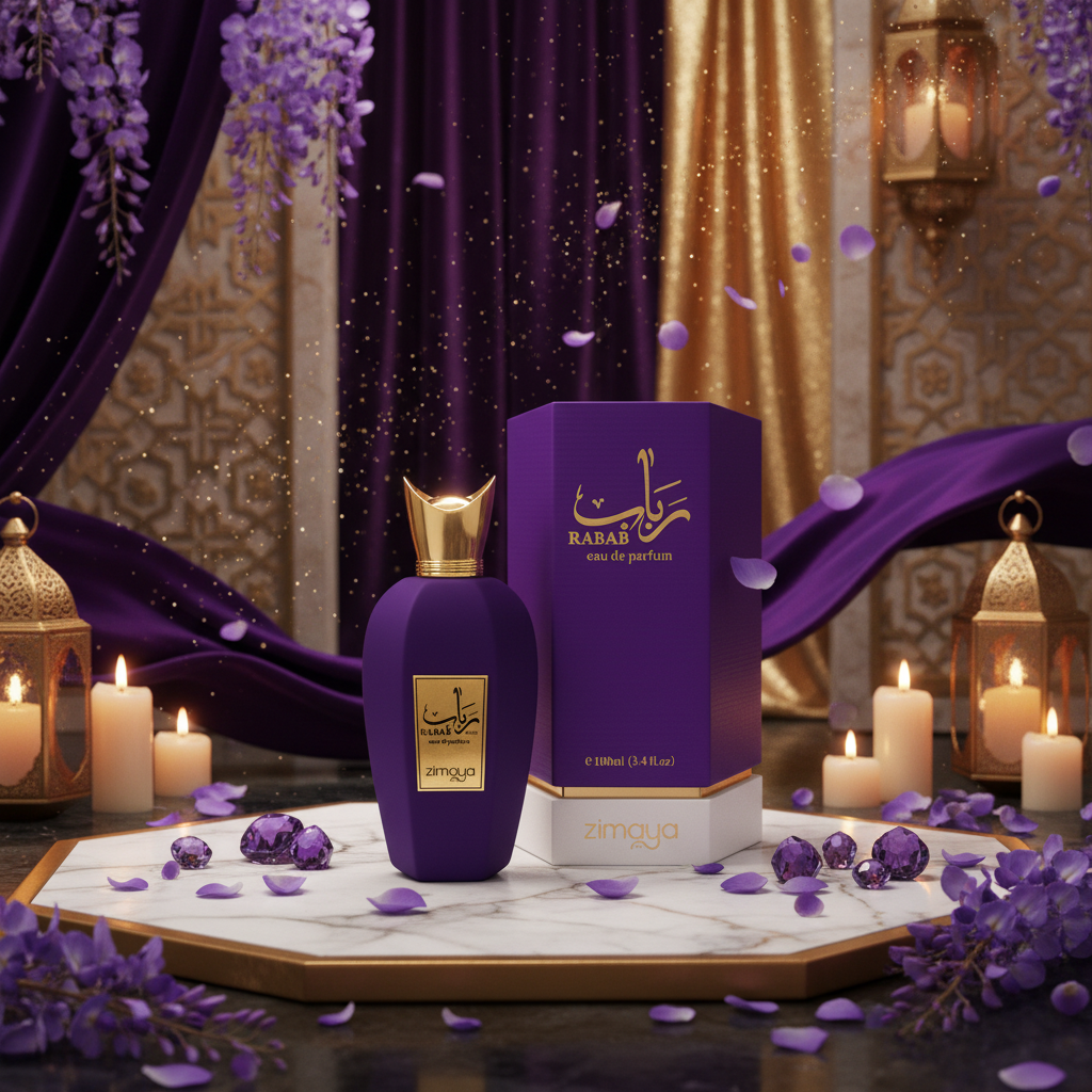 Perfume Zimaya Rabab Gems: frasco morado con tapa dorada y caja morada