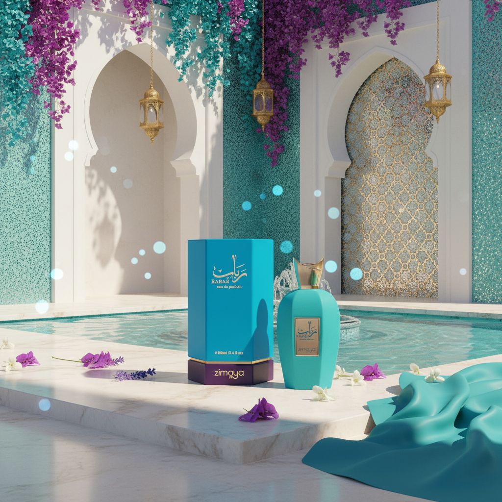 Perfume Eau de Parfum 100 ml con frasco turquesa y caja Zimaya Rabab