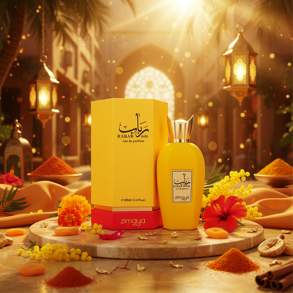 Perfume Zimaya Rabab Pulp: frasco ámbar y caja amarilla, 100 ml