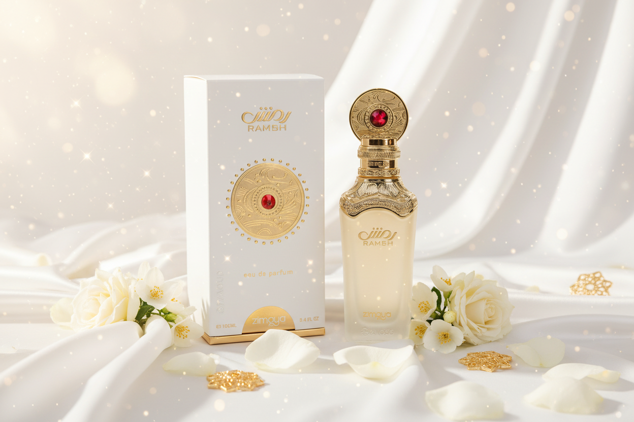 Eau de parfum Zimaya Ramsh Diva 100 ml, frasco dorado y blanco con caja.