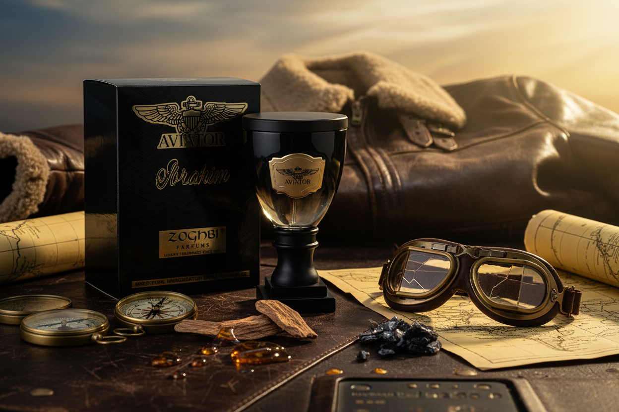Eau de Parfum con caja negra y frasco dorado, sobre escritorio con gafas