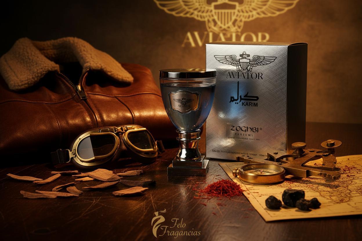 Perfume Zognbi Aviator Karim: frasco y caja sobre mesa con accesorios de piloto